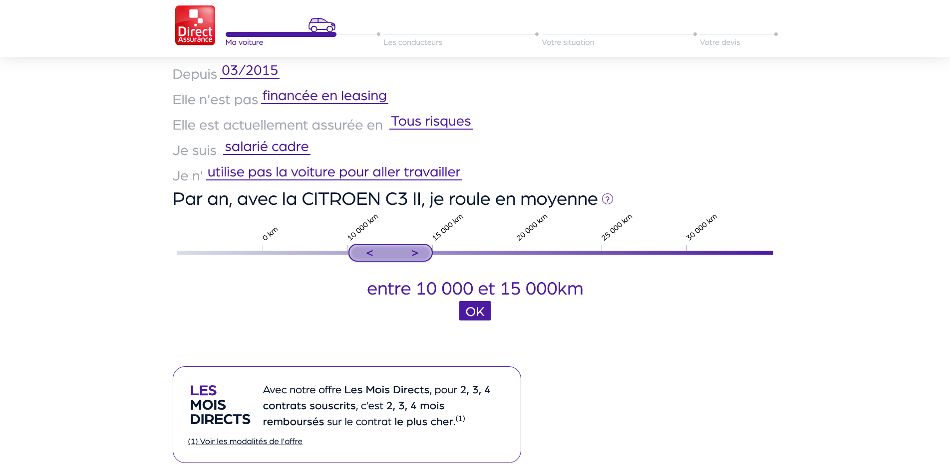 Curseur de kilométrage affichant la tranche annuelle sélectionnée.
